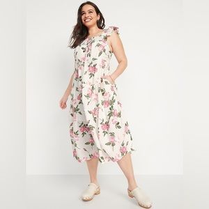 Old Navy Cream Flutter Sleeve Tiered Dress with Pink Roses